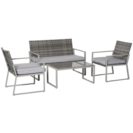 4-Piece Rattan Garden Furniture Set 2 Single Sofa Arm Chairs 1 Bench with Cushions & Coffee Table Patio Backyard Wicker Weave