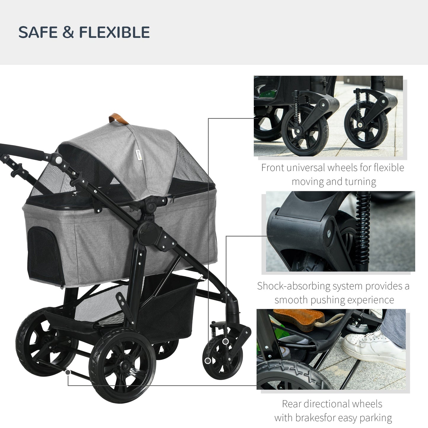 PawHut Dog Stroller Pushchair Detachable Pet Carrier Carrying Bag Foldable Trolley Shock absorbing System Adjustable Handlebar for Small Dogs Grey