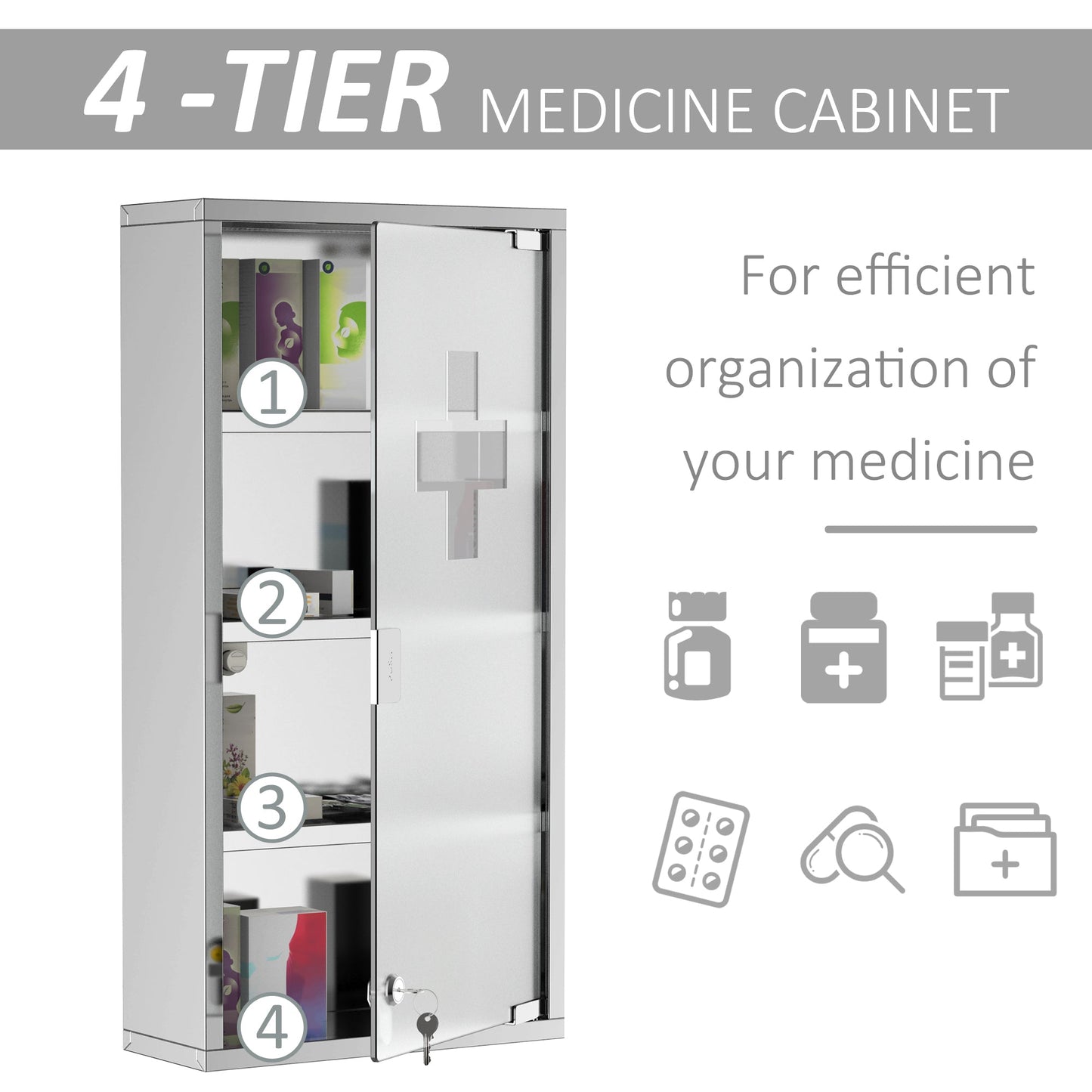 4 Tier Stainless Steel Wall Mounted Medicine Cabinet Glass Lockable Door Storage Shelves Houseware Bathroom Furniture 60Hx30Wx12Dcm w/2 Keys