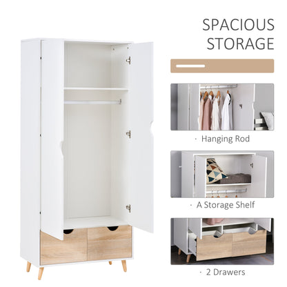 2-Door Clothes Wardrobe w/ Rail Shelf 2 Drawers Wood Feet Elegant Home Storage Organisation Furniture Dresses Coats Blankets Shoes White