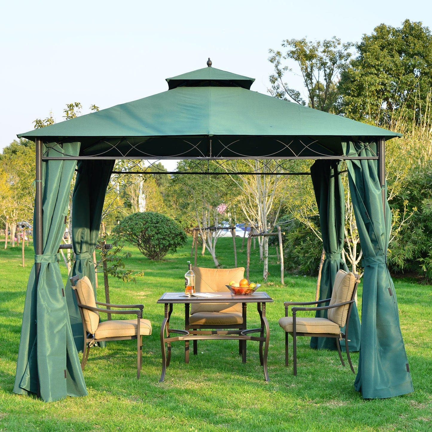 3m x3m Gazebo W/Metal Frame & Side Walls-Dark Green