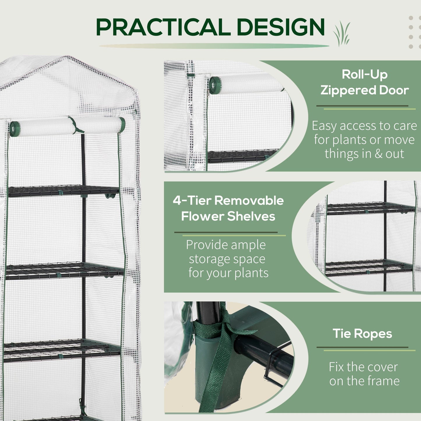 Outsunny 4 Tier Mini Greenhouse Portable Green House With Steel Frame Pe Cover Roll-Up Door 70 X 50 X 160 cm White