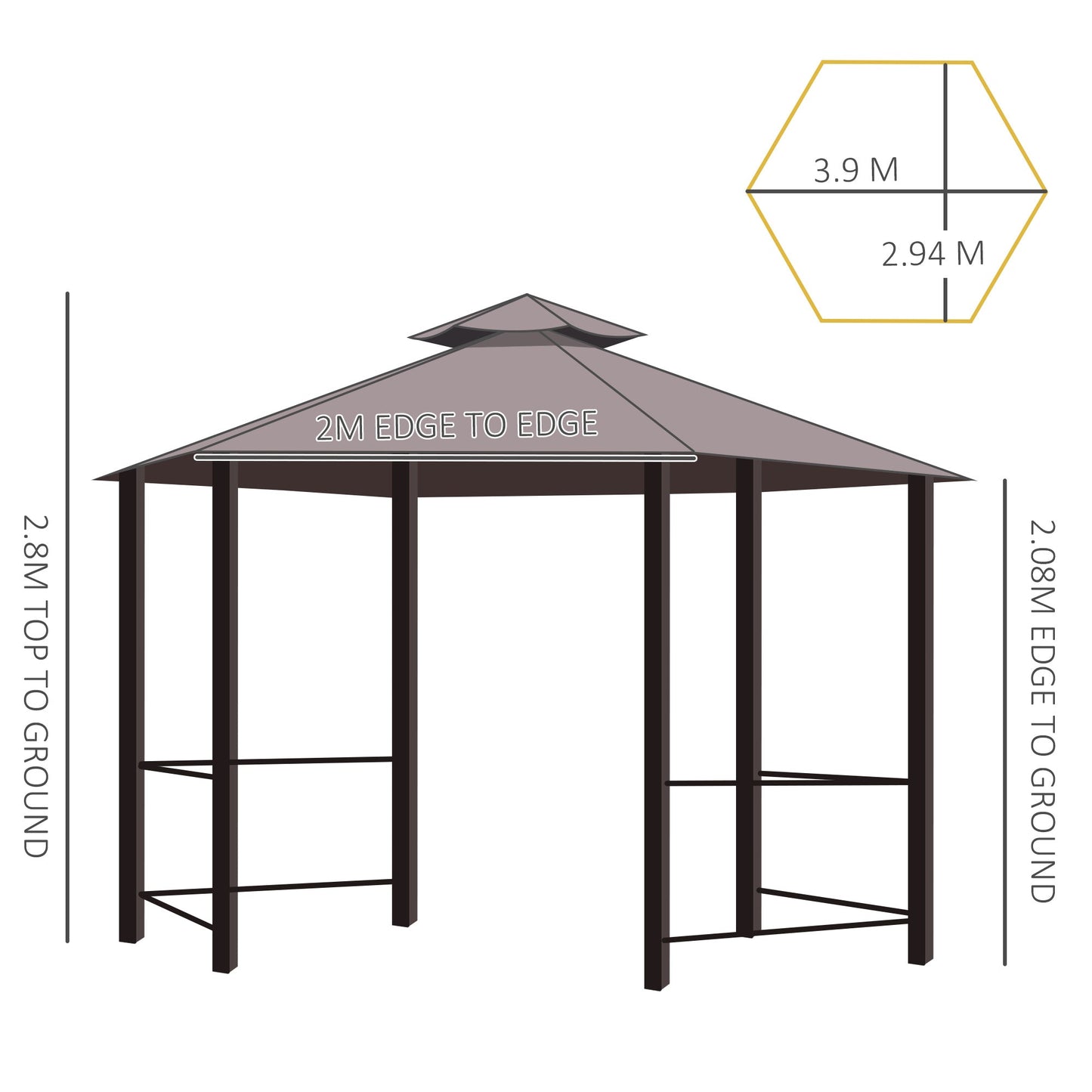 3 x 3M Hexagon Gazebo Patio Canopy Party Tent Outdoor Garden Shelter w/ 2 Tier Roof & Side Panel - Brown