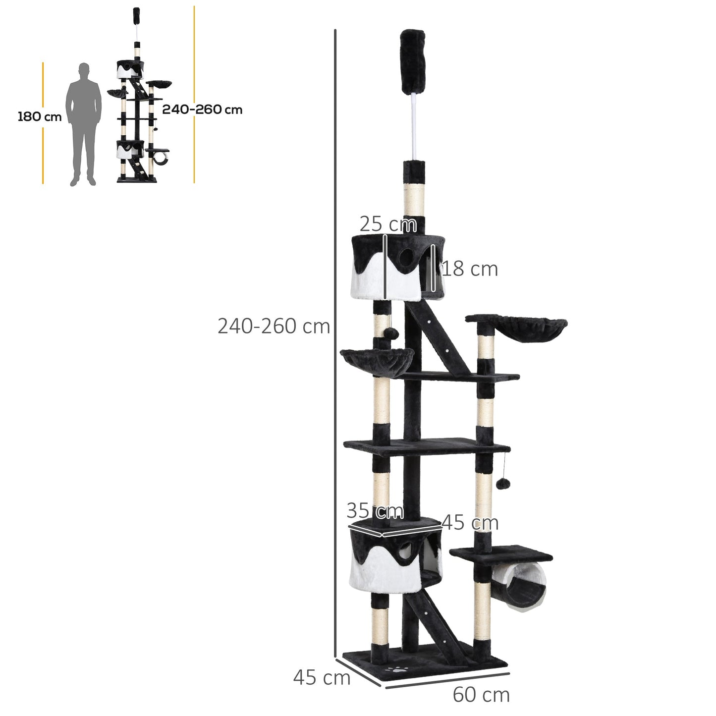 PawHut 60L x 45W x 240-260H cm Cat Tree Kitten Condo Fun House Adjustable Grey & White