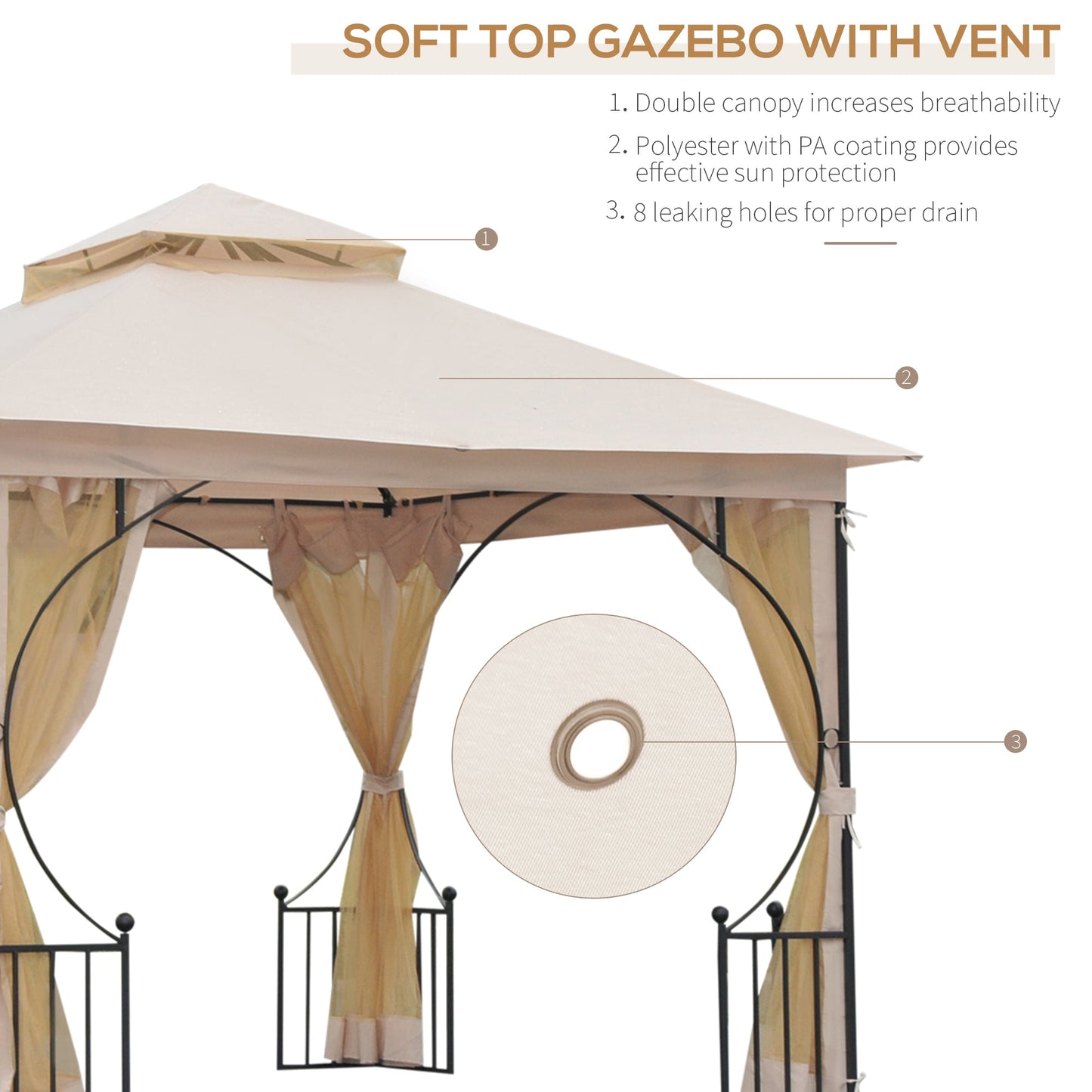 3 x 3M Garden Gazebo Patio Party Tent Shelter Outdoor Canopy Double Tier Sun Shade Metal Frame Netting Beige