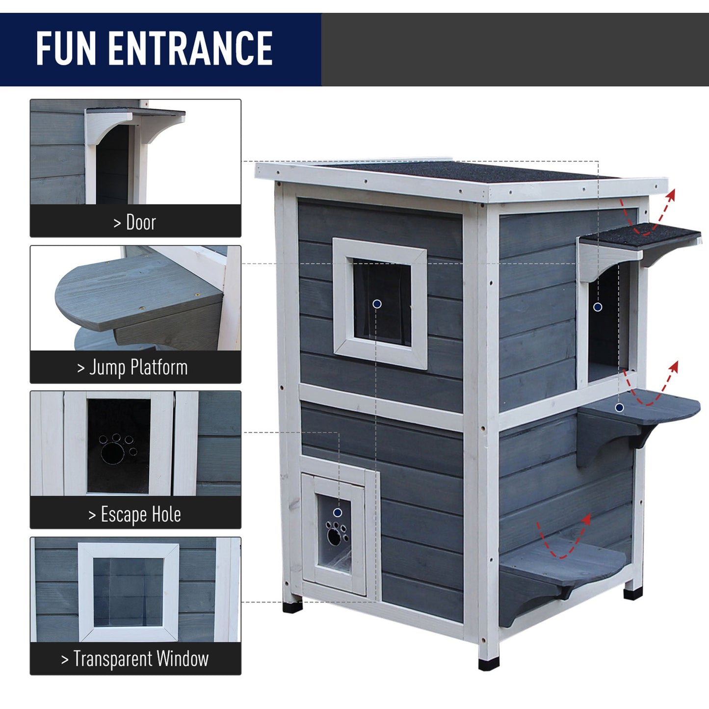 PawHut Wooden Cat House 2-Floor Outdoor Kitten Shelter with Window Grey