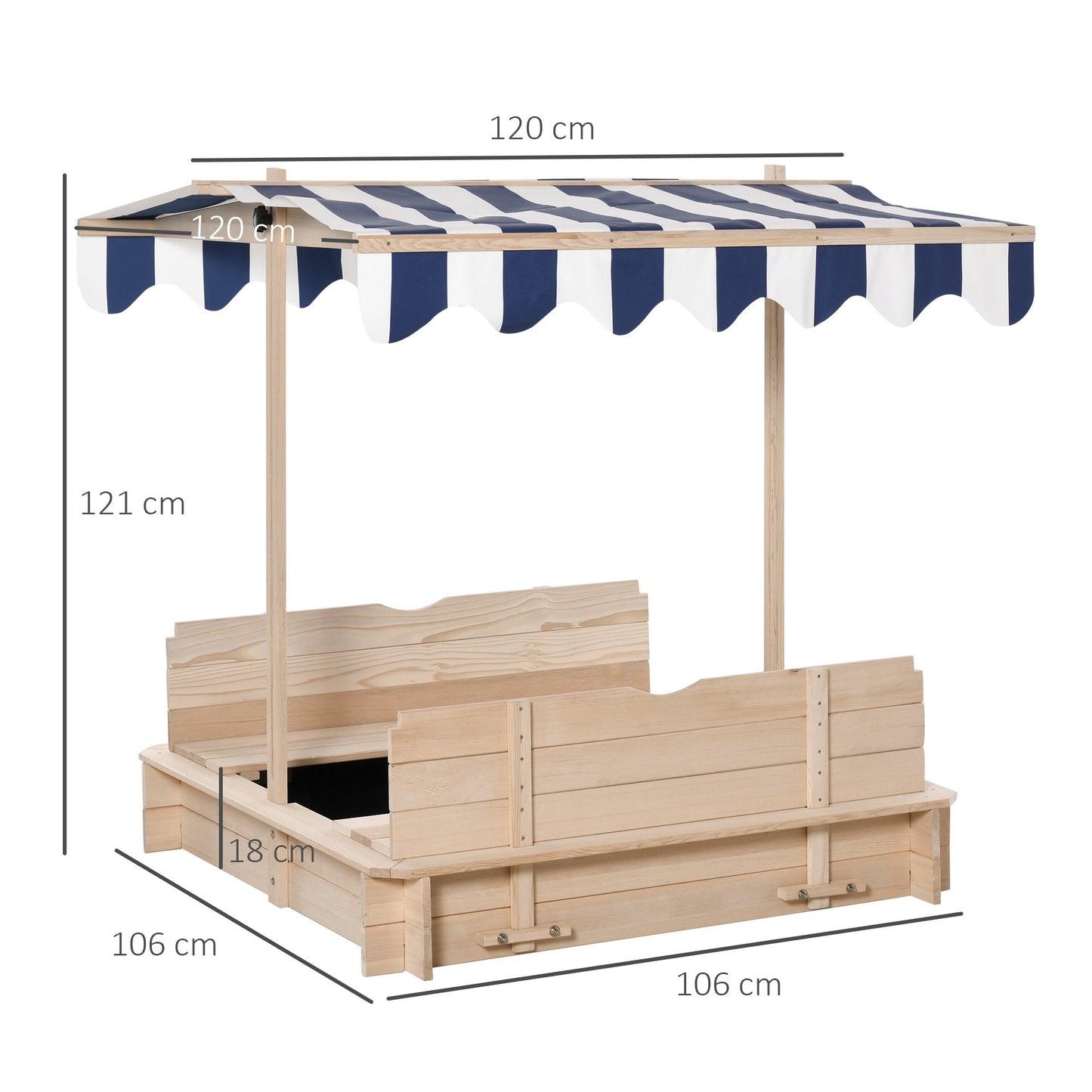 Kids Wooden Sand Pit with Lids Children Sandbox Height Adjustable Canopy for Garden