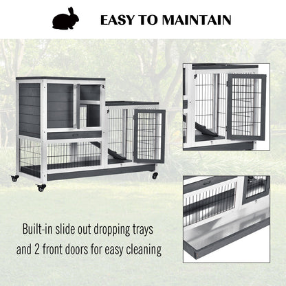 PawHut Small Animals 2-Tier Fir Wood Rabbit Hutch Indoor Grey