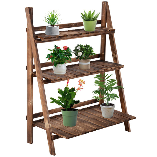 Wooden Folding Flower Pot Stand 3 Tier Garden Planter Display Ladder Gardener Storage Shelves Rack Herb Holder 80L x 37W x 93H cm