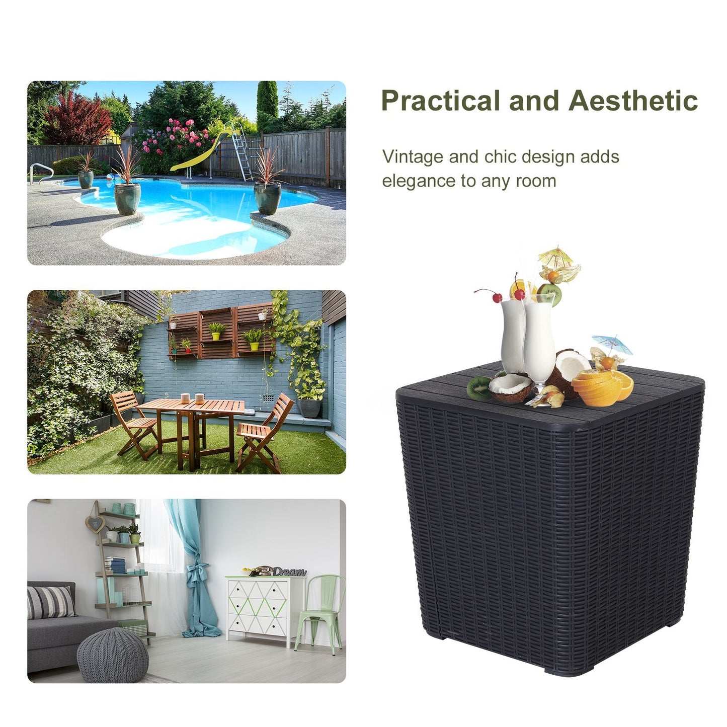 50L Outdoor Rattan-Effect Lift-Top Bar Tea Table Black