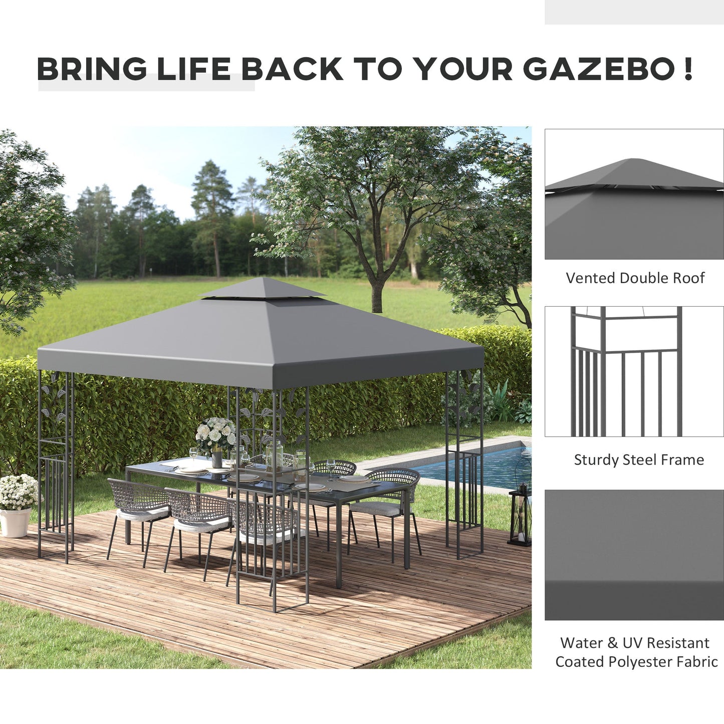 3 x 3m Outdoor Steel Gazebo with 2 Tier Roof