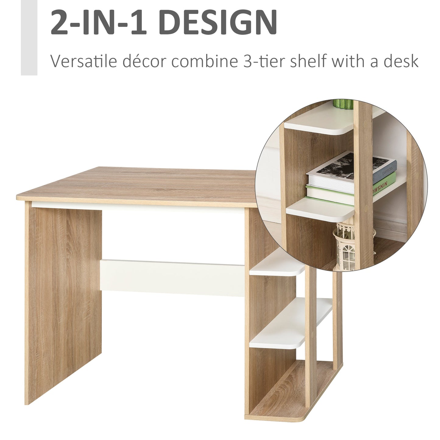 Office Desk w/ 3-Tier Display Shelf Storage - Wood effect