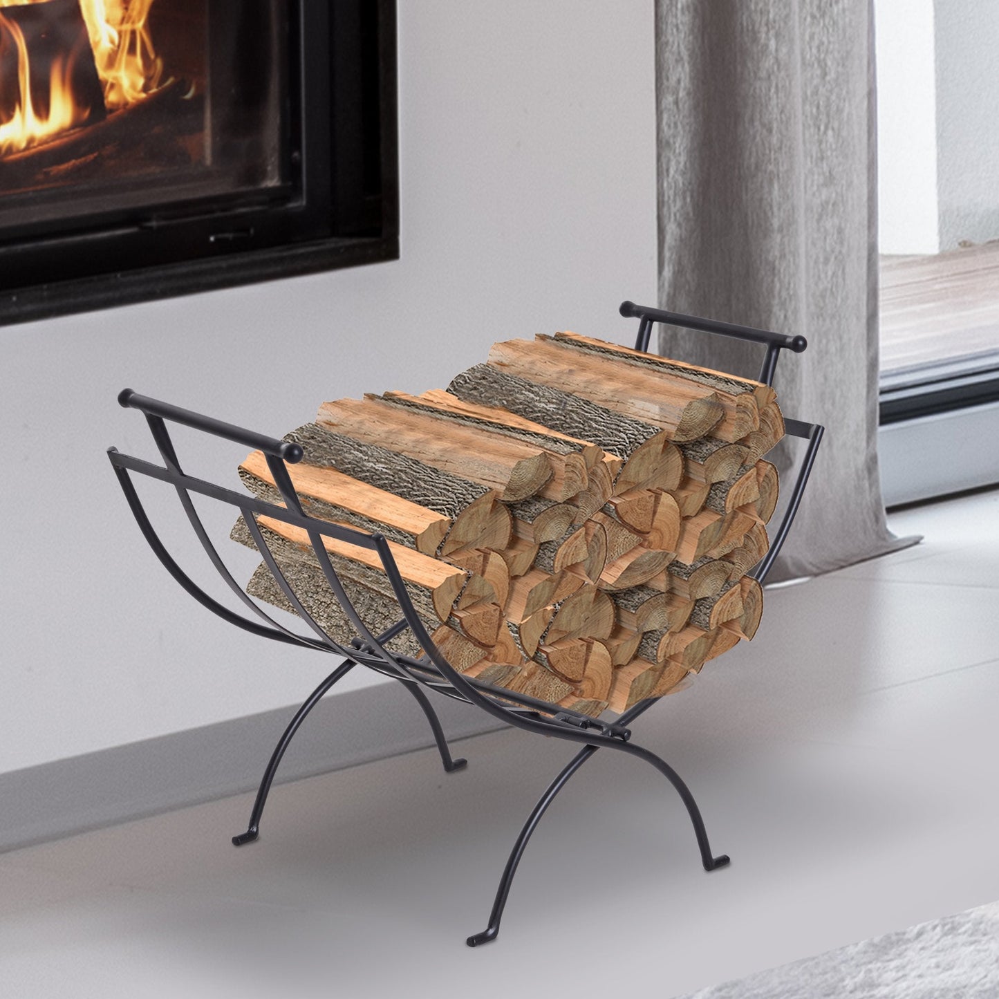 Folding Wood Log Holder Fireplace Storage Rack Matte Metal Elevated Indoor Outdoor 45x35cm Black