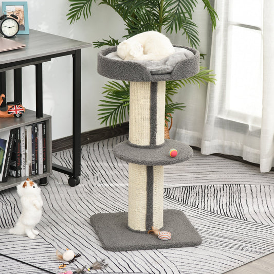 PawHut Cats 2-Tier Scratching Tree w/ Bed Grey