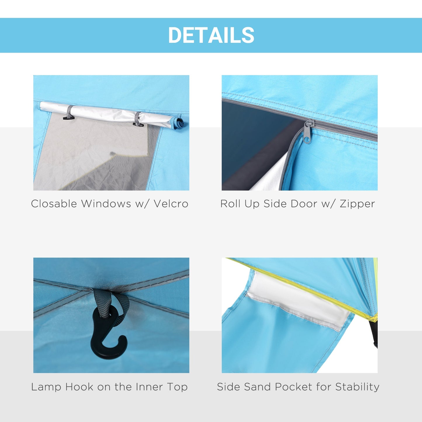 2 Man Pop-up Beach Tent Sun Shade Shelter Hut w/ Windows Doors Hook Sandbags UV Protection Waterproof Outdoor Adventure Garden Light Blue