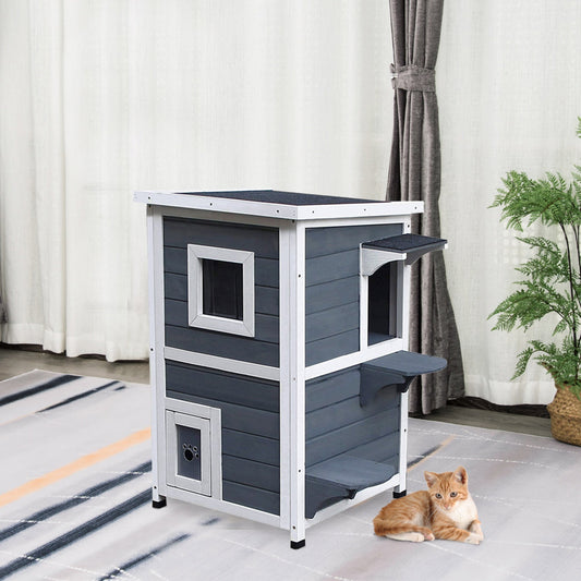 PawHut Wooden Cat House 2-Floor Outdoor Kitten Shelter with Window Grey