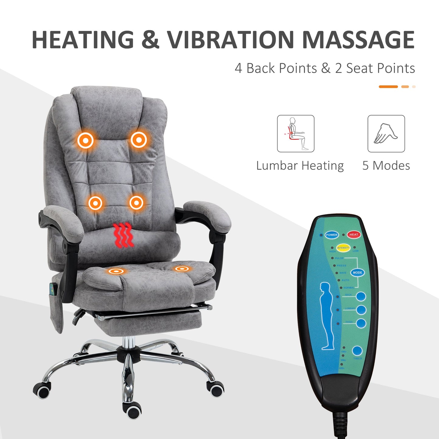 Vinsetto Heated 6 Points Vibration Massage Executive Office Chair Adjustable Swivel Ergonomic High Back Desk Chair Recliner With Footrest Grey