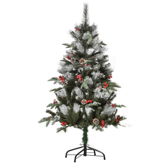 4FT Artificial Snow Dipped Christmas Tree Xmas Pencil Tree with Foldable Feet Red Berries White Pinecones