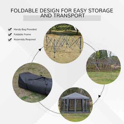 Outsunny 3.2M Pop Up Gazebo Hexagonal Canopy Tent Outdoor Sun Protection With Mesh Sidewalls Handy Bag Grey