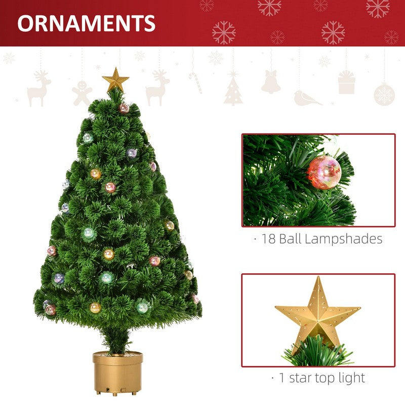 Homcom 4FT Prelit Artificial Christmas Tree Fiber Optic Holiday Home Xmas Indoor Decoration with Golden Stand Green