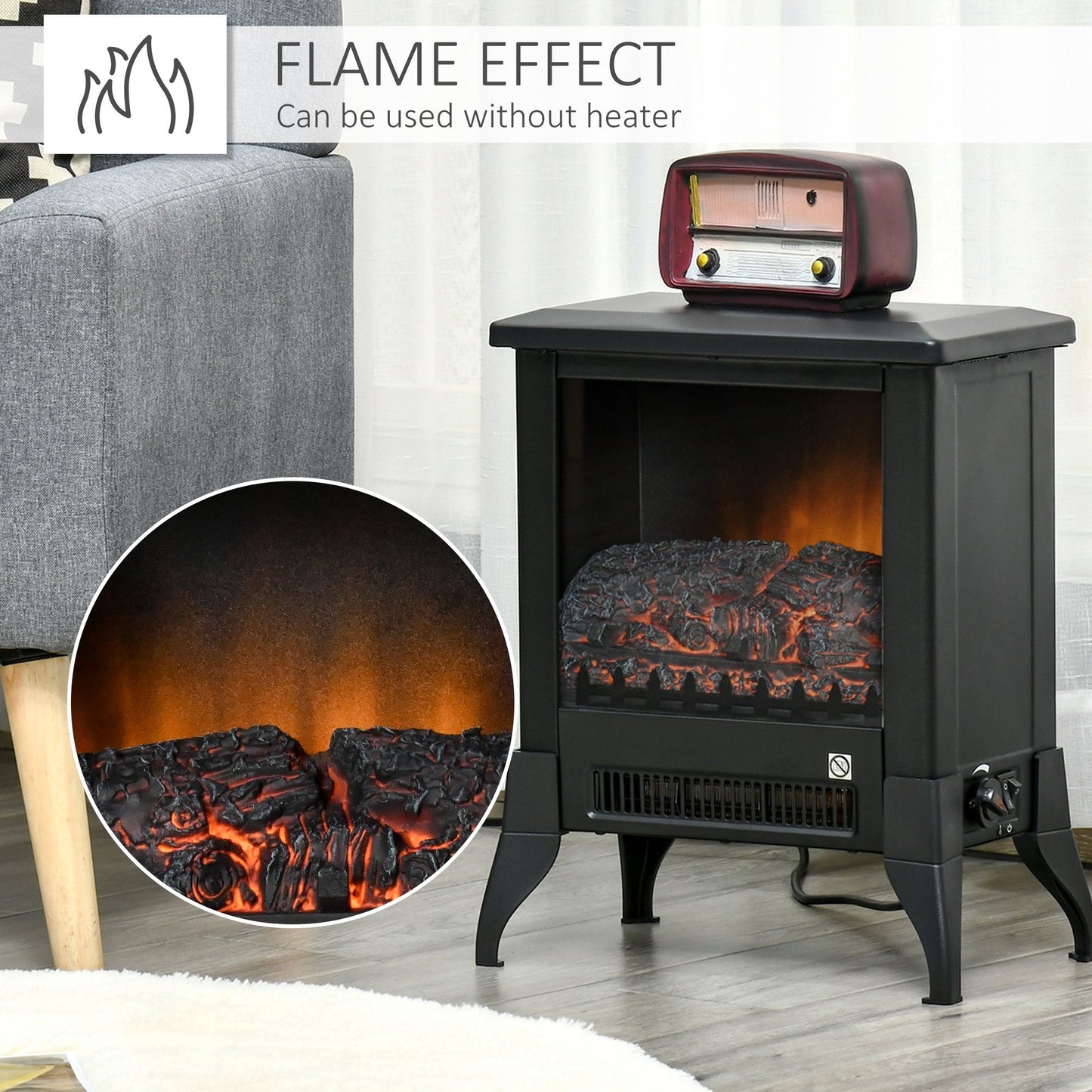 Freestanding Electric Fireplace Stove with Flame Effect and Overheat Protection