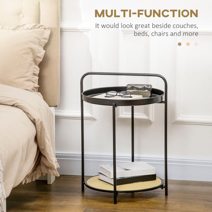 Homcom End Table 2-Tier Round Side Table With Detachable Tray & Plastic Rattan Shelf