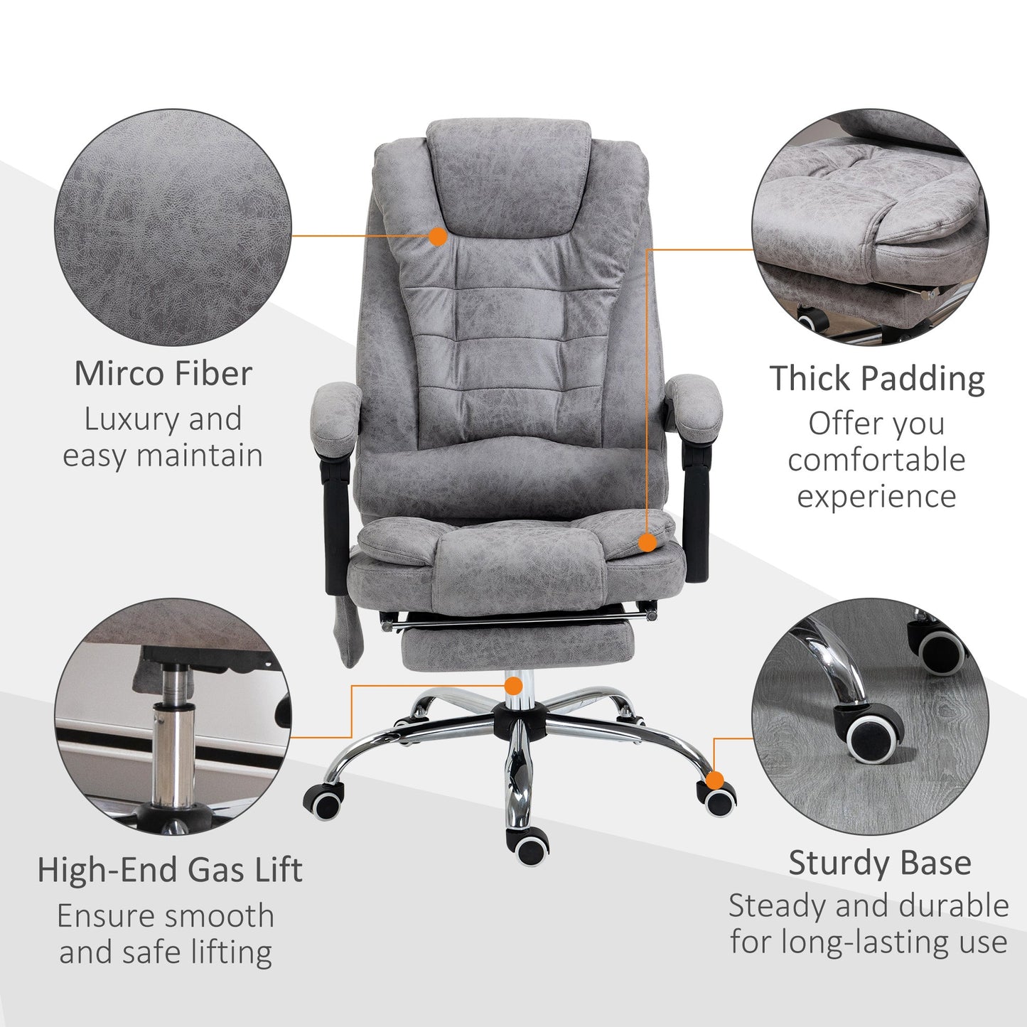 Vinsetto Heated 6 Points Vibration Massage Executive Office Chair Adjustable Swivel Ergonomic High Back Desk Chair Recliner With Footrest Grey