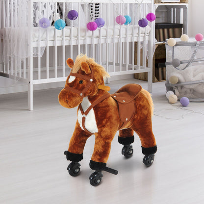 Wooden Action Pony Wheeled Walking Horse Riding Little Baby Plush Toy Wooden Style Ride on Animal Kids Gift w/Sound Brown