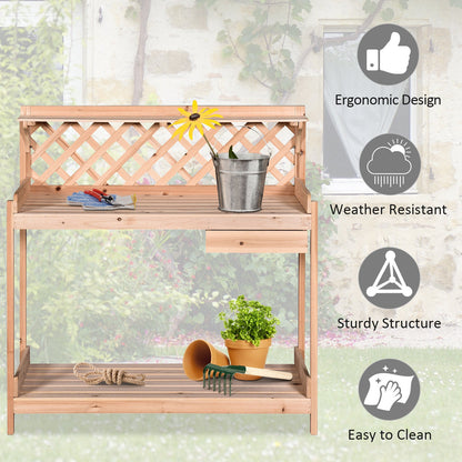 Fir Wood Outdoor Garden Potting Table w/ Drawer