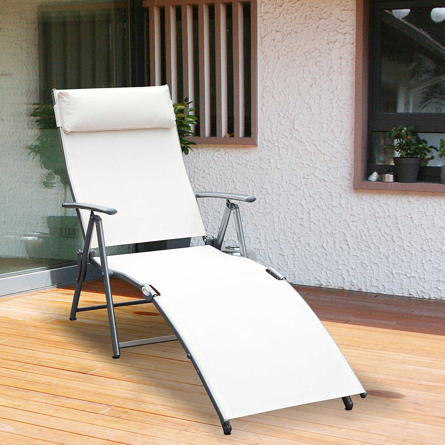 Sun Lounger Steel Frame Outdoor Folding Chaise Texteline Lounge Chair Recliner with Headrest & 7 Levels Adjustable Backrest