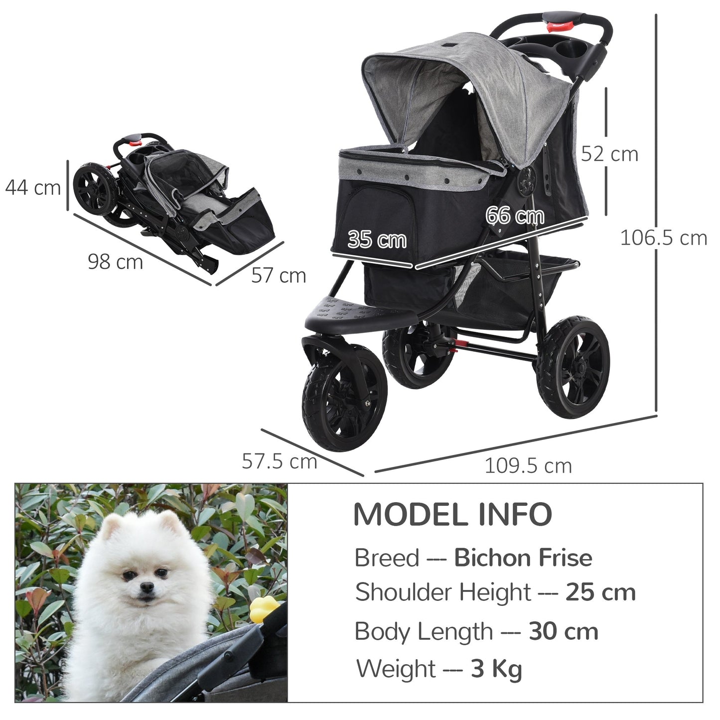 PawHut Folding 3 Wheel Pet Stroller Pushchair Travel w/ Adjustable Canopy Storage Brake Grey