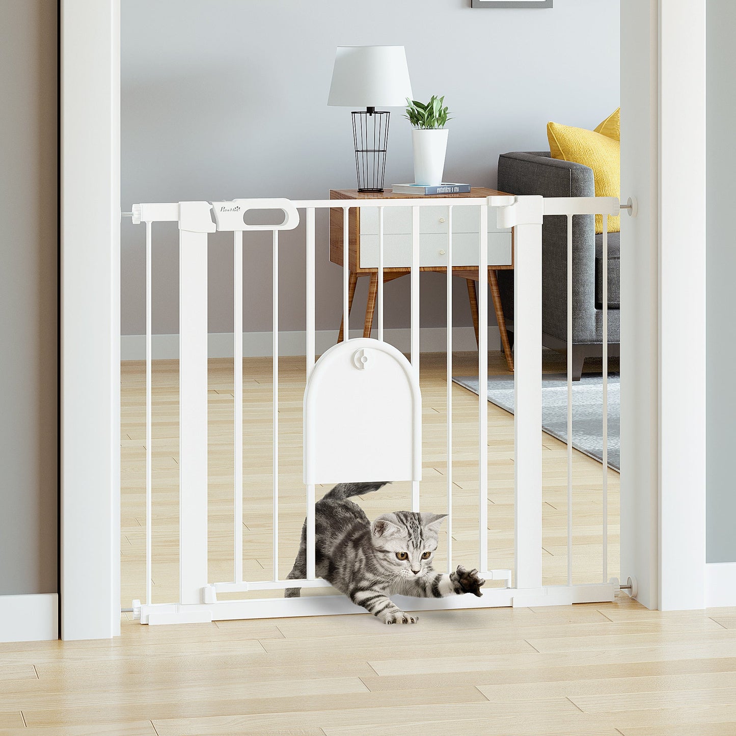 PawHut Dog Gate with Cat Flap Pet Safety Gate Barrier