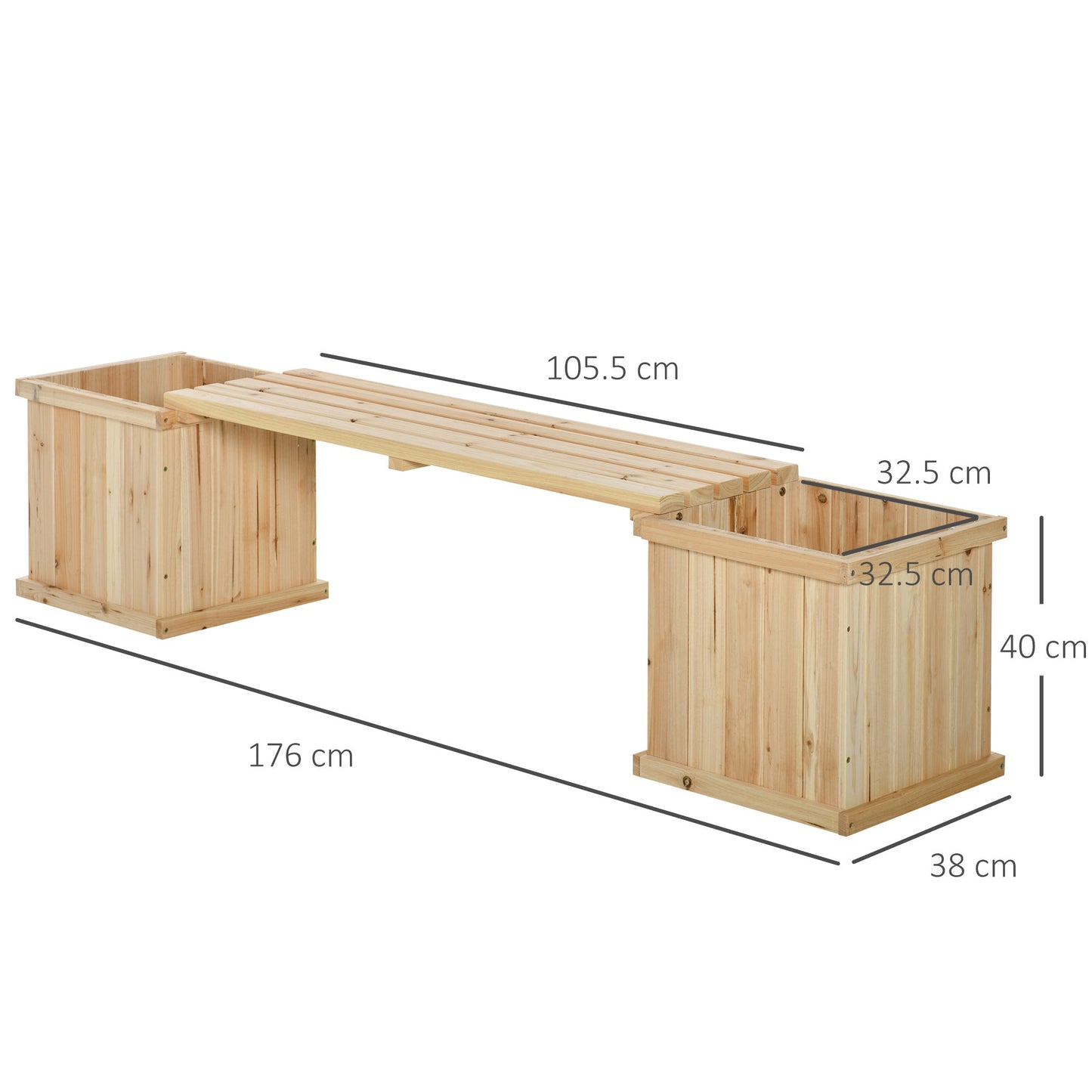 37L Wooden Garden Planter & Bench Combination Garden Raised Bed Patio Park Natural 176 x 38 x 40 cm