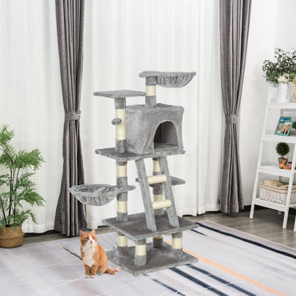 PawHut Cats 6-Tier Sisal Rope Activity Tree w/ Dangle Toy Grey