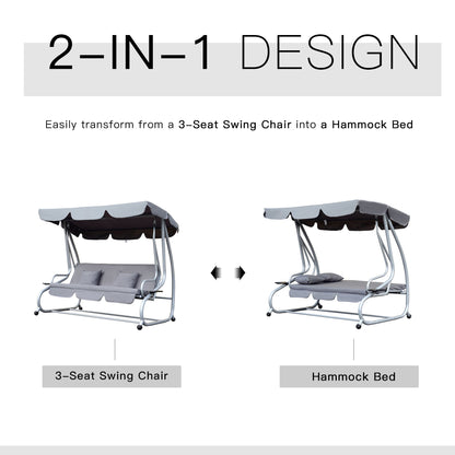 2-in-1 Garden Swing Seat Bed 3 Seater Swing Chair Hammock Bench Bed with Tilting Canopy and 2 Cushions