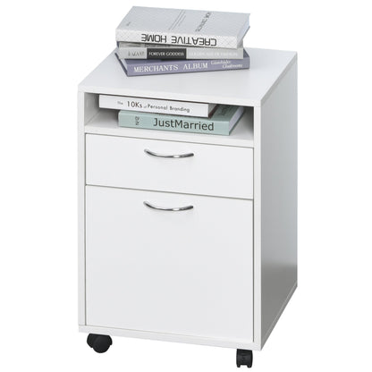 60cm Storage Cabinet w/ Drawer Open Shelf Metal Handles 4 Wheels Office Home Organiser Mobile Printer White