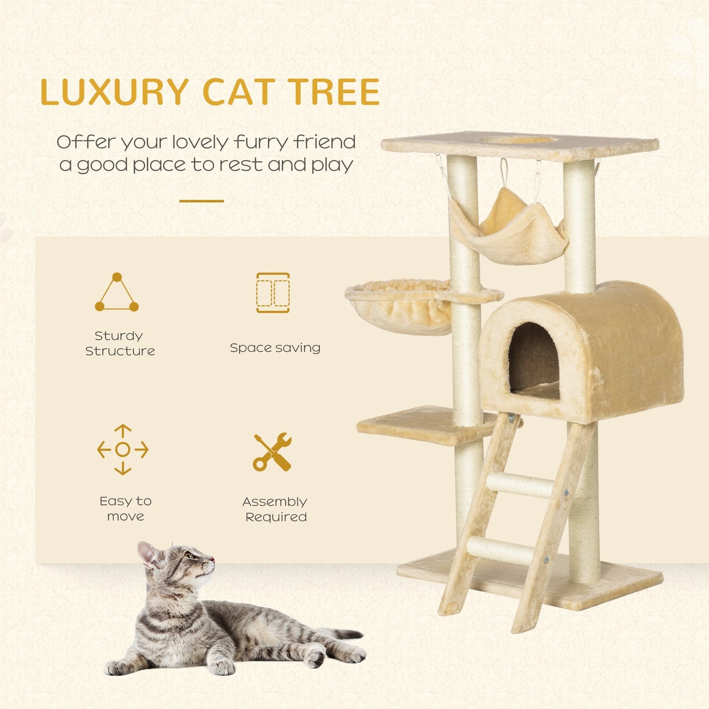 PawHut Cat Tree Tower Kitten Activity Center Scratching Post w/Hammock Condo Bed Basket