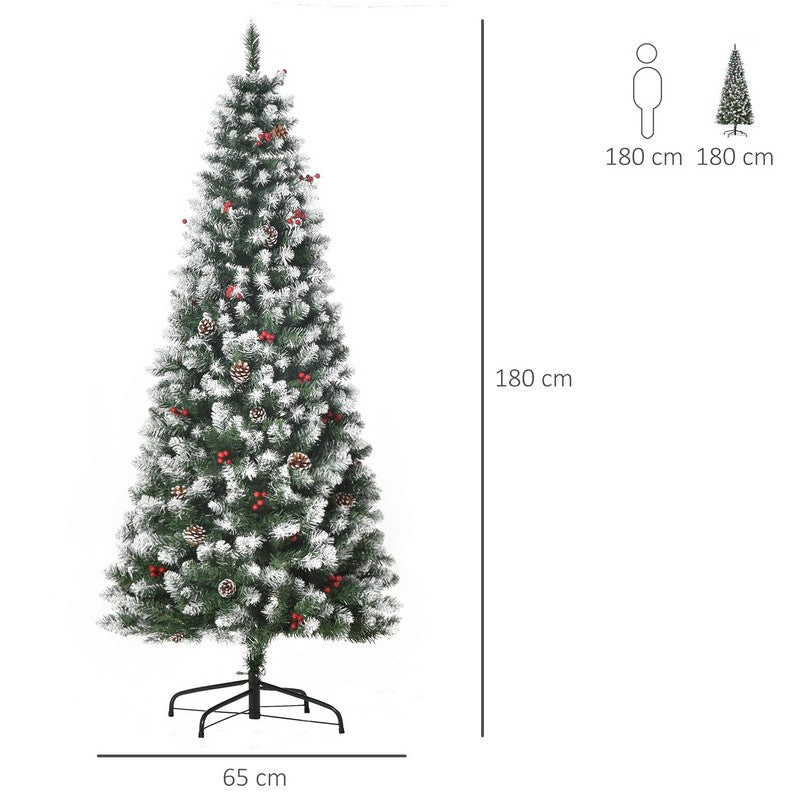 6FT Artificial Christmas Tree Foldable Feet Xmas Pencil Tree with Red Berries and Pinecones