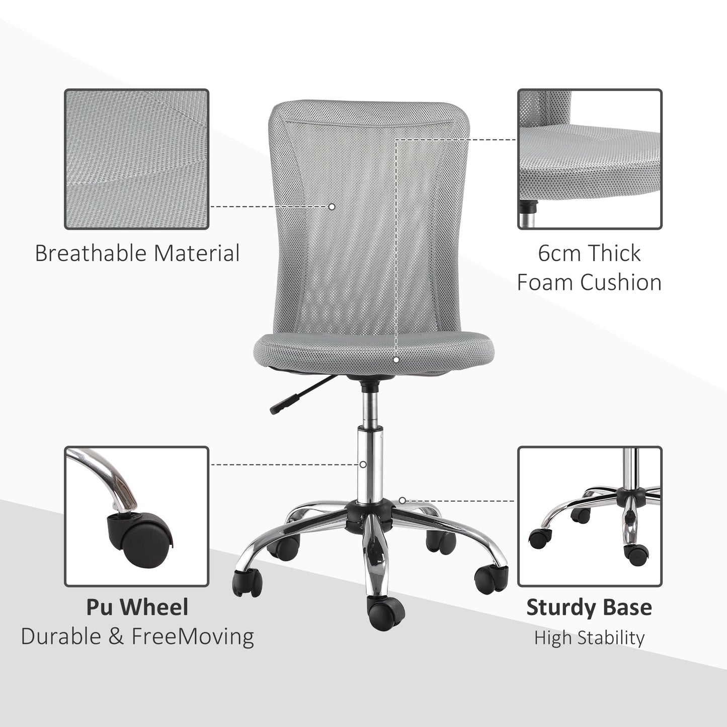 Vinsetto Home Office Mesh Task Chair Ergonomic Armless Mid Back Height Adjustable with Swivel Wheels