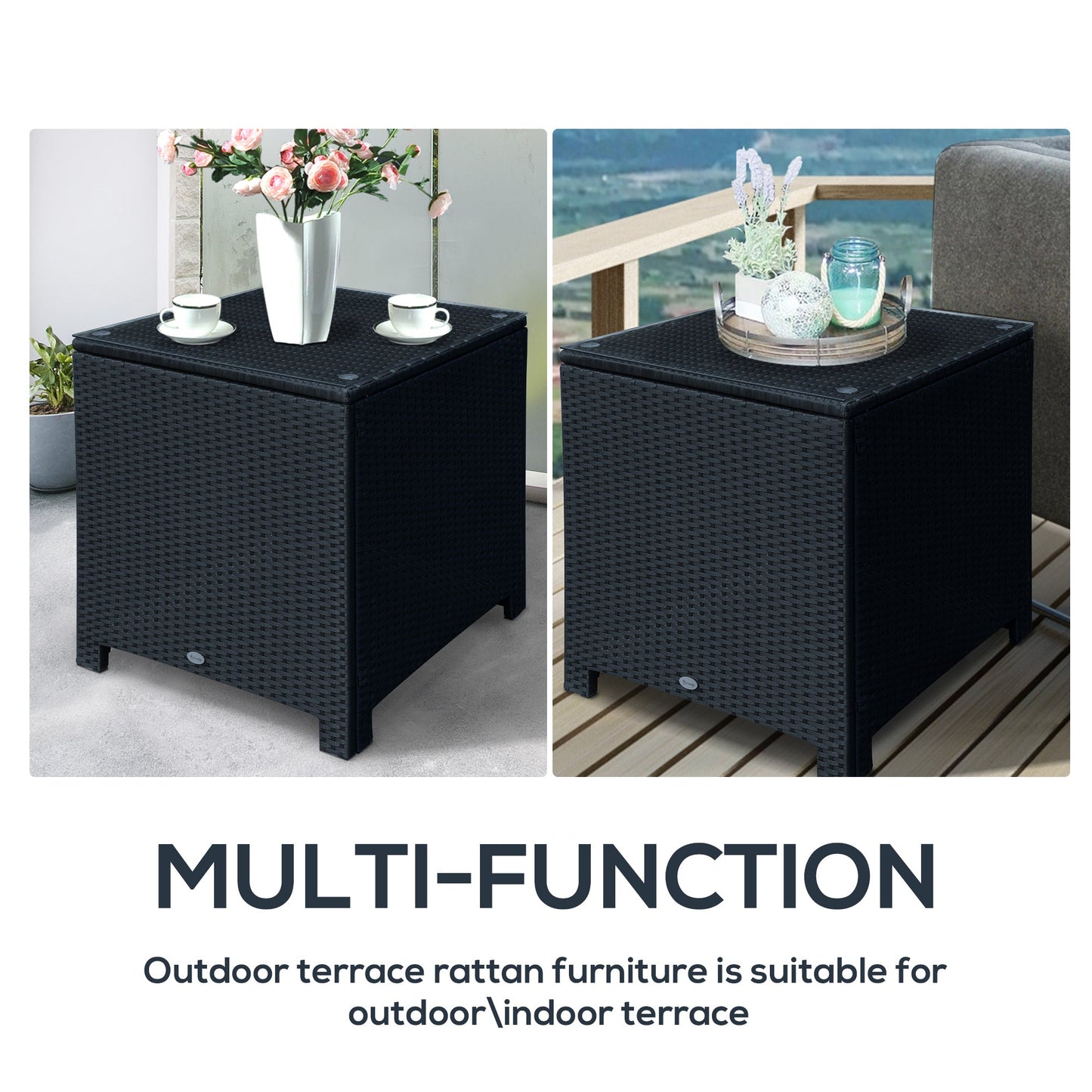 Rattan Garden Furniture Side Table Patio Frame Tempered Glass New -Black