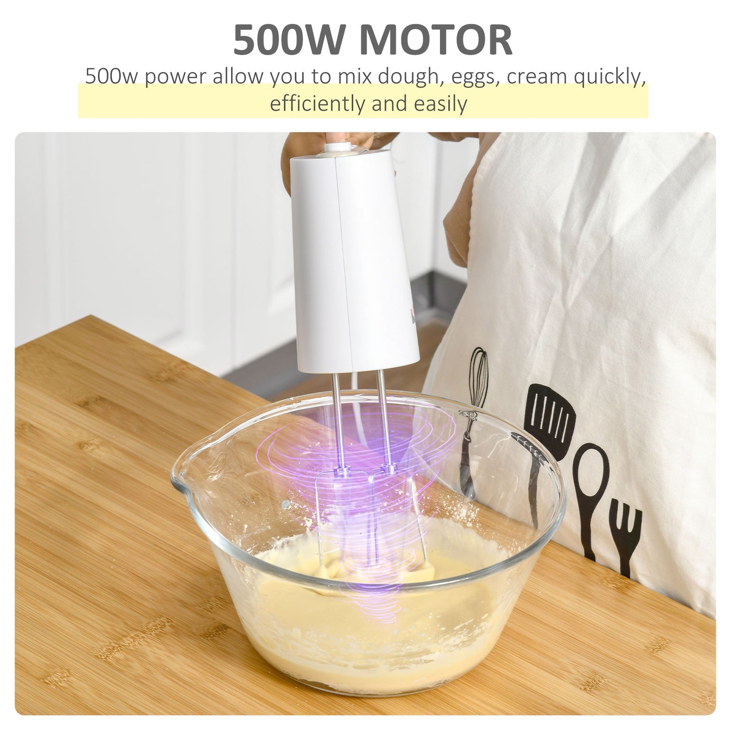 Five-In-One Hand Mixer 500W Electric Whisk Five Speed w/ Stainless Steel Dough Hook Beater Blender Chopper for Kitchen Baking - White