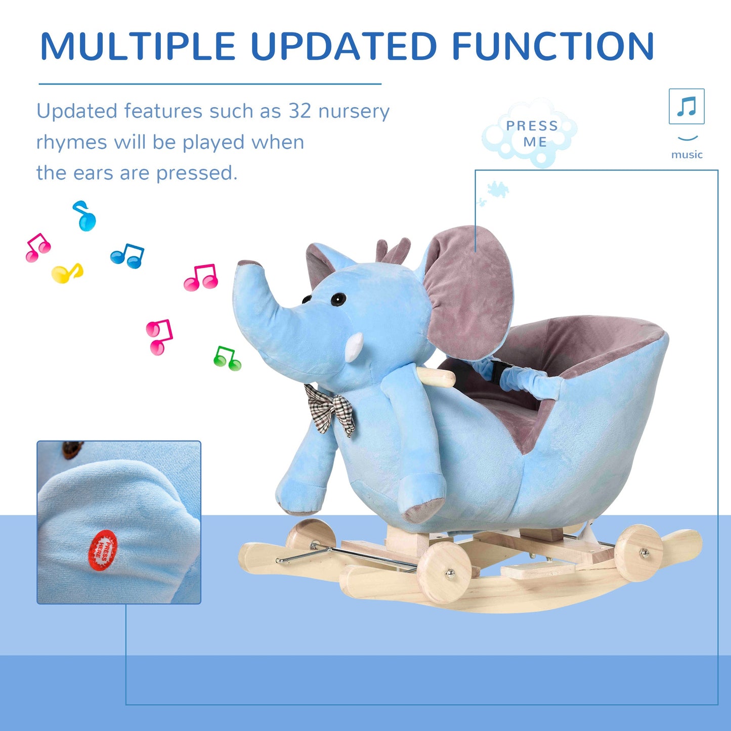 Homcom 2 In 1 Plush Baby Ride On Rocking Horse Elephant Rocker With Wheels Wooden Toy For Kids 32 Songs (Blue)