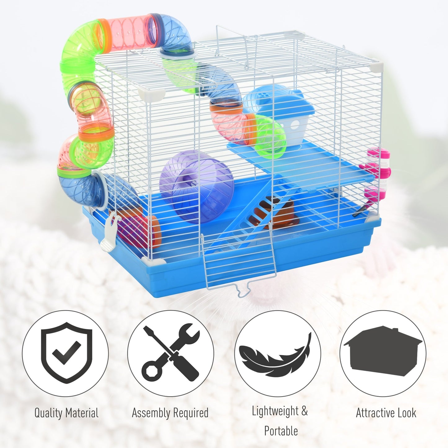 PawHut Hamster Cage Carrier Small Animal House with Exercise Wheels Tunnel Tube