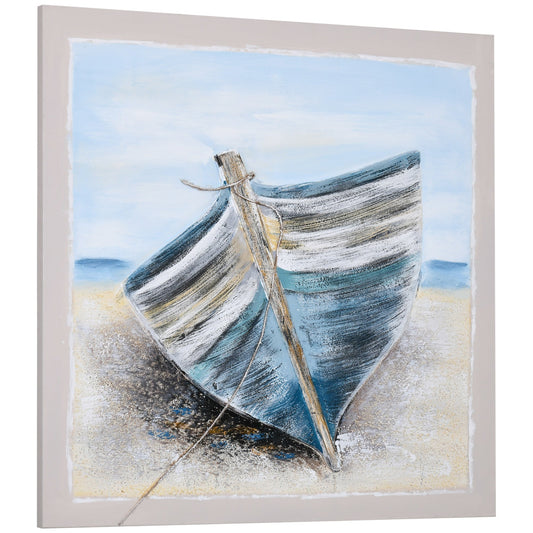 Hand-Painted Canvas Wall Art Blue Boat in the Beach