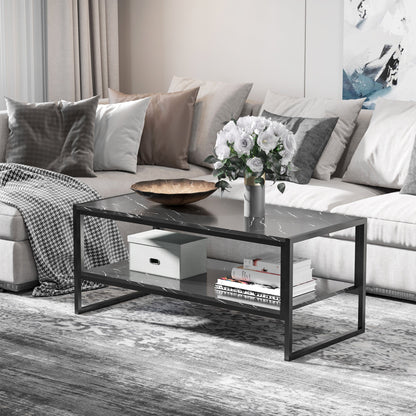 Two-Tier Laminate Marble Print Table Top Coffee Table w/ Metal Frame Foot Pads Elegant Modern Style 2 Shelves Home Display Storage Unit Living Room