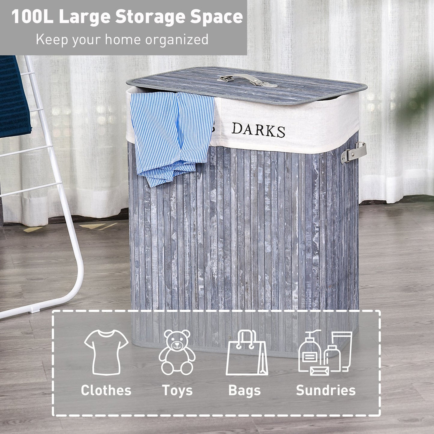 Bamboo Duo-Compartment Laundry Basket Grey