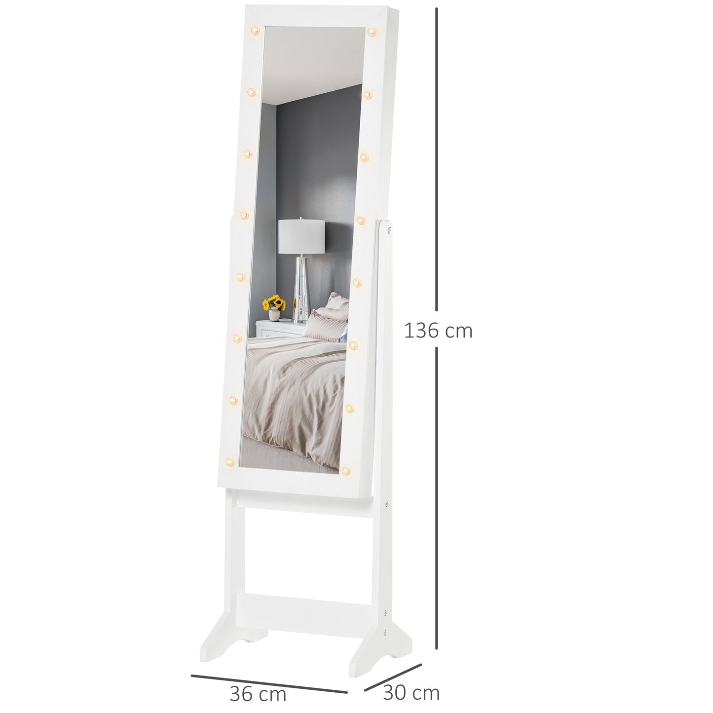 Free Standing LED Mirrored Jewelry Cabinet Armoire Floor Organiser W/ 3 Angle Adjustable For Rings Earrings Bracelets Cosmetics Warm White