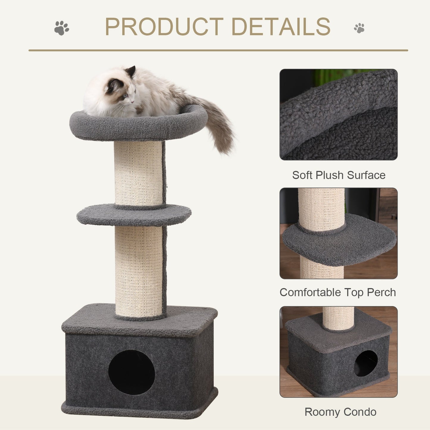 PawHut 96cm Cat Tree for Indoor Cats Kitten Tower Multi level Activity Center Pet Furniture with Sisal Scratching Post Condo Removable Cover Grey