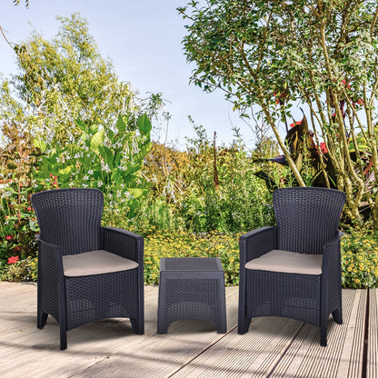 3-Piece Rattan Effect Garden Bistro Set 2 Chairs & Coffee Table Set with Cushion Patio Lawn Balcony Furniture - Dark Brown