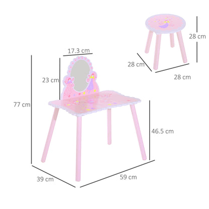 Kids Dressing Table Girls Pink Wooden Kids Dressing Table & Stool Make Up Desk Chair Toys Fairy Dresser Play Set w/Mirror